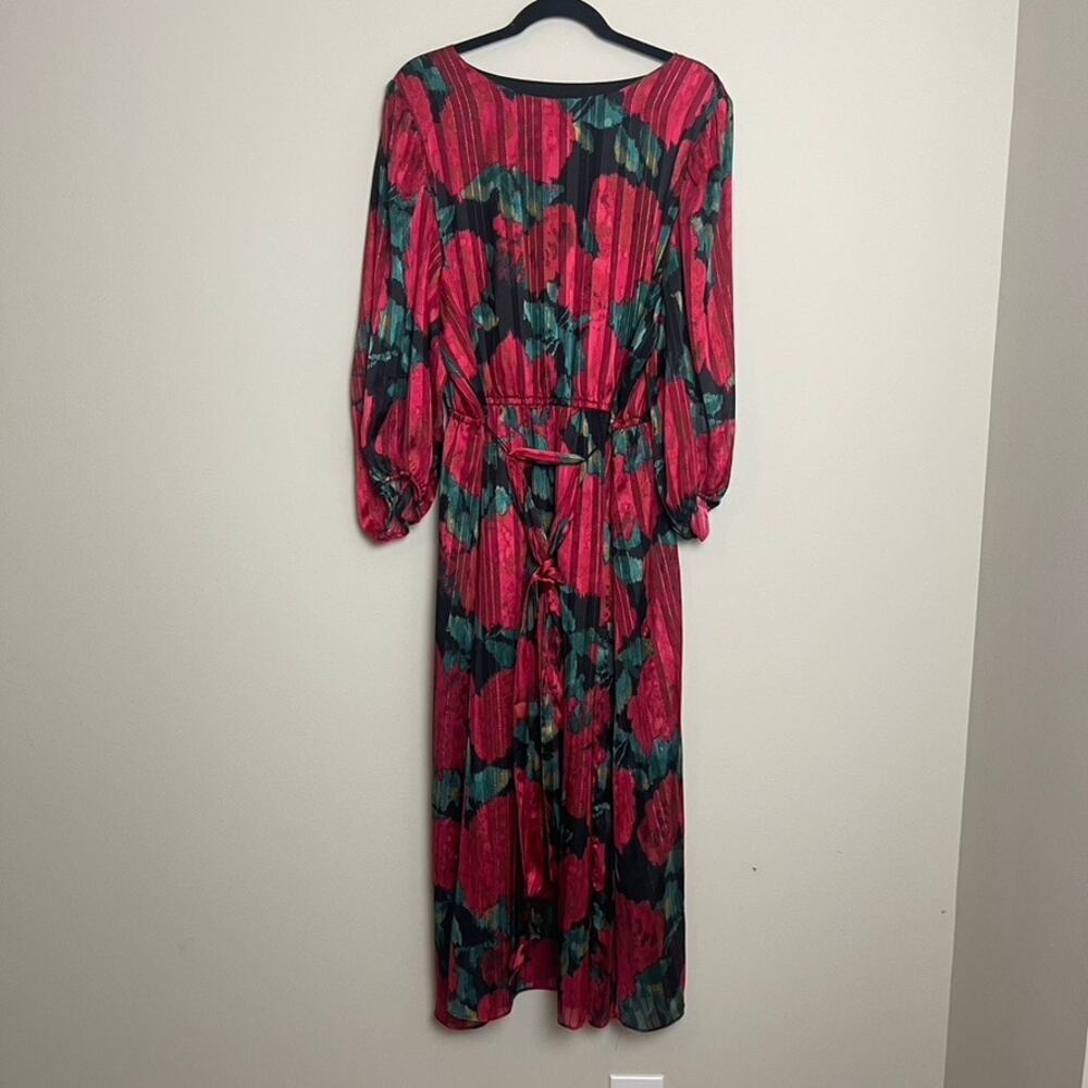 Anne Klein Womens Red Metallic Tea Length Puff Sleeves Midi Dress Sz 2X Holiday